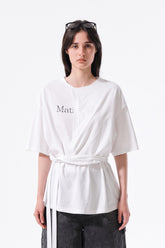 MATIN KIM TIE DETAIL DRAPED LOGO TOP IN WHITE