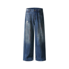 Washed denim straight pants