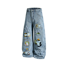 Retro-style fun embroidered jeans