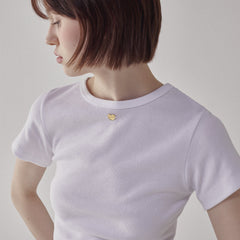 RONRON BACK RIBBON HEART SLIM CROP T SHIRTS WHITE