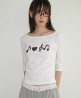 RONRON EART MUSIC NOTE SLIM FIT QUARTER SLEEVE WHITE