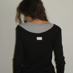RONRON UNBALANCE HEART BUTTON LAYERED T SHIRT BLACK