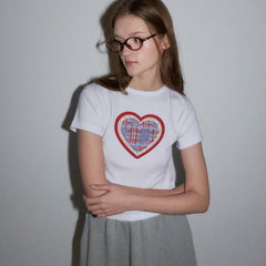 RONRON SHAPE APPLIQUE SLIM CROP T SHIRTS HEART WHITE