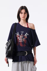 MATIN KIM MTK 16 GRAFFITI LOGO ASYMMETRIC TOP IN NAVY