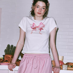 RONRON DOUBLE RIBBON SLIM CROP T SHIRT WHITE PINK