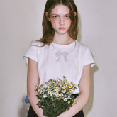 RONRON CRYSTAL RIBBON HOTFIX T SHIRT WHITE