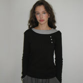 RONRON UNBALANCE HEART BUTTON LAYERED T SHIRT BLACK