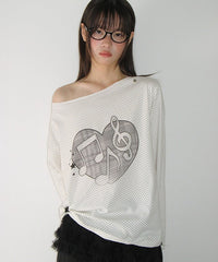 RONRON HEART MELODY OFF SHOULDER LONG SLEEVE WHITE DOT