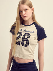 MARDI CROPPED TSHIRT RAGLAN NO.26 LACE_BEIGE NAVY