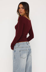 Model Off Duty Long Sleeve Top Burgundy