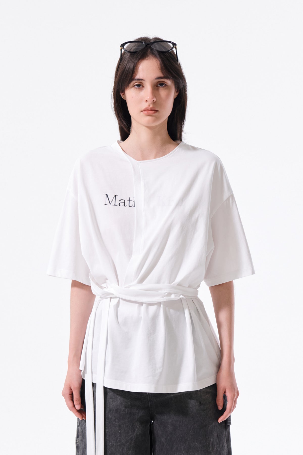 MATIN KIM TIE DETAIL DRAPED LOGO TOP IN WHITE