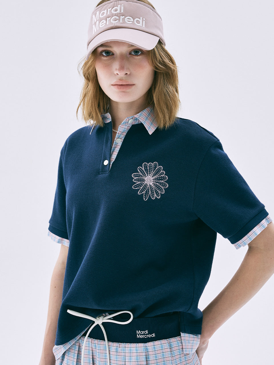 MARDI ACTIF LAYERED PIQUET TSHIRT FLOWER NEEDLEWORK CHECK_NAVY PINK