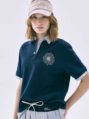 MARDI ACTIF LAYERED PIQUET TSHIRT FLOWER NEEDLEWORK CHECK_NAVY PINK