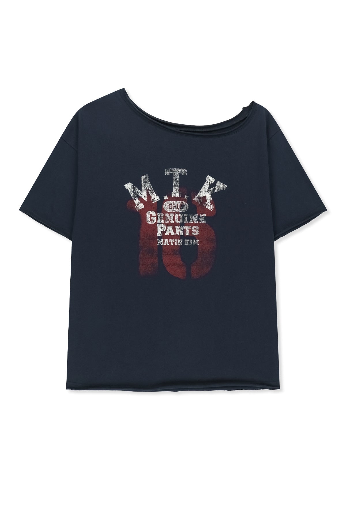 MATIN KIM MTK 16 GRAFFITI LOGO ASYMMETRIC TOP IN NAVY