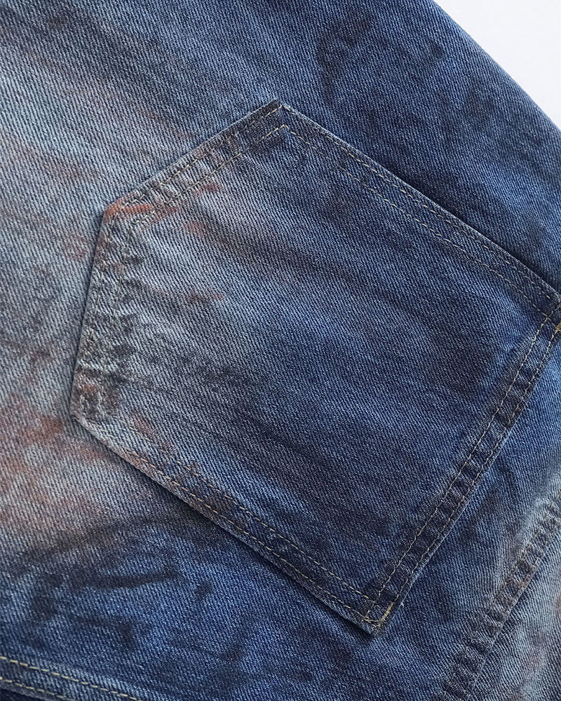 Washed denim straight pants