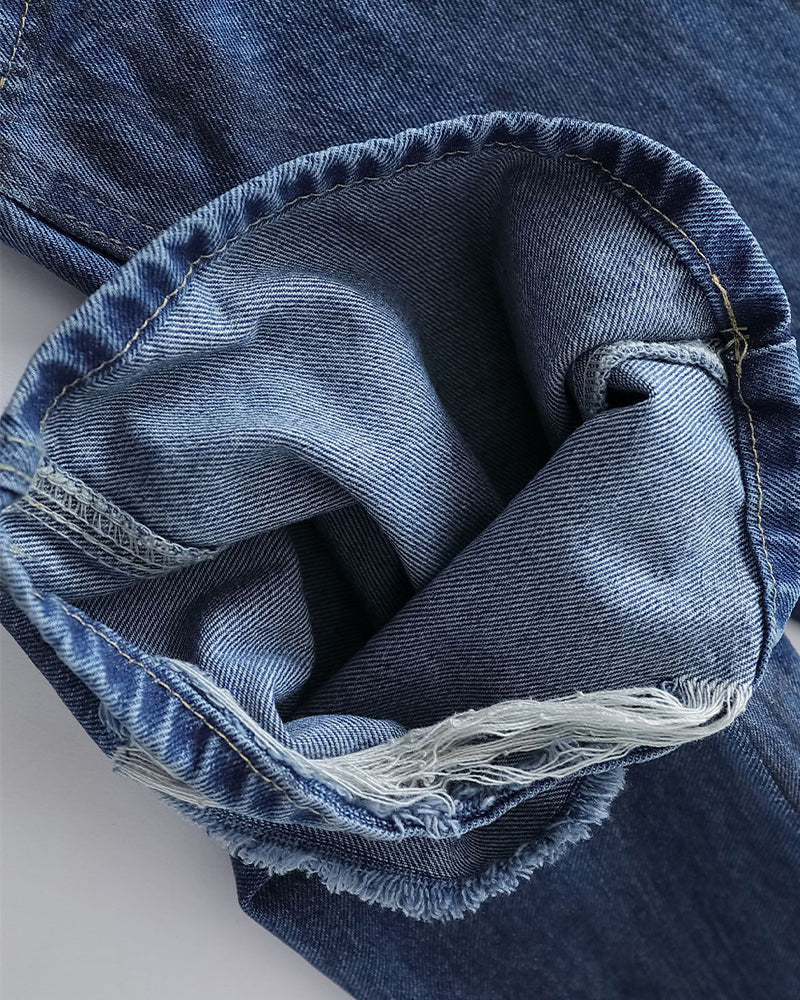 Washed denim straight pants