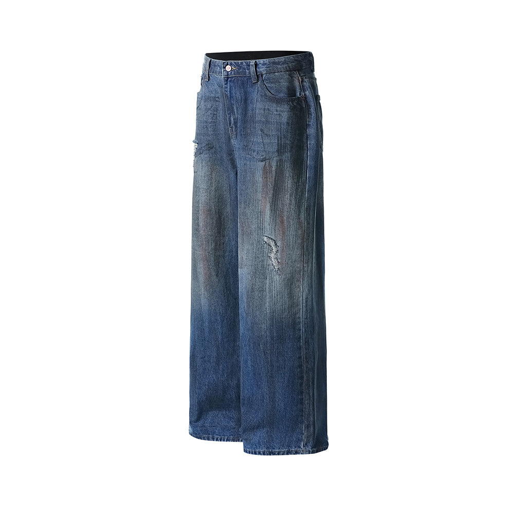 Washed denim straight pants