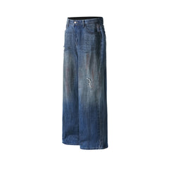 Washed denim straight pants