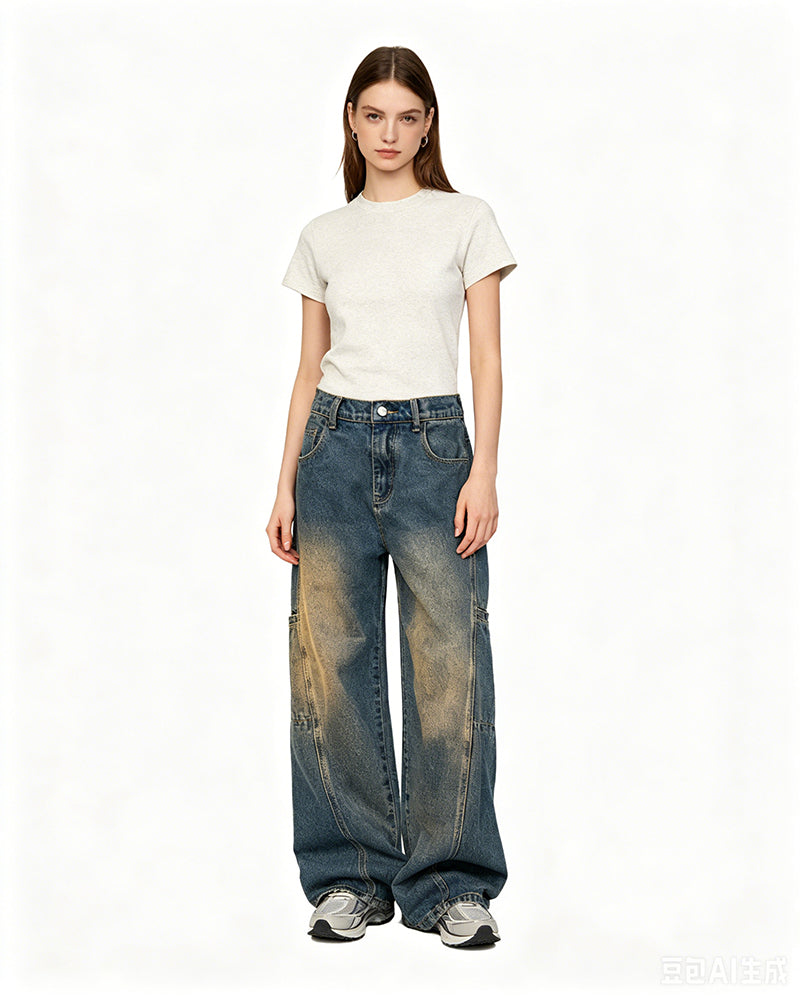 Washed distressed straight leg pants
