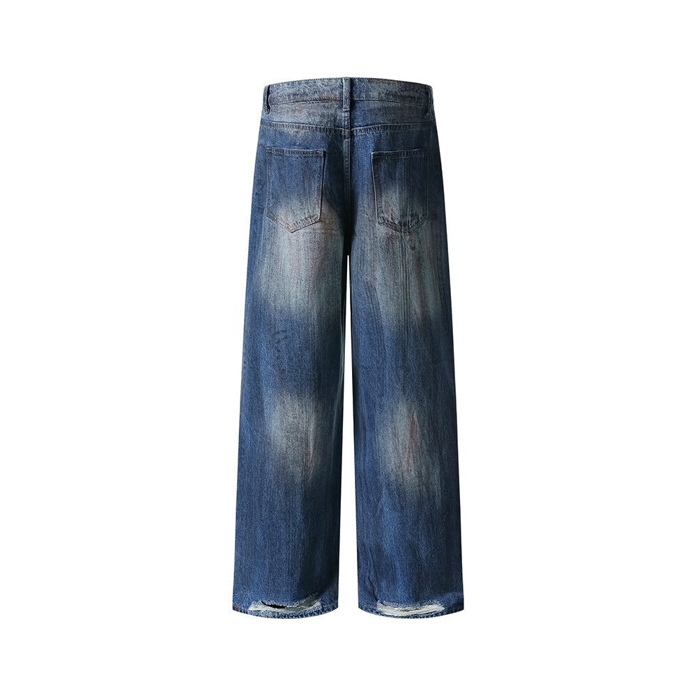 Washed denim straight pants