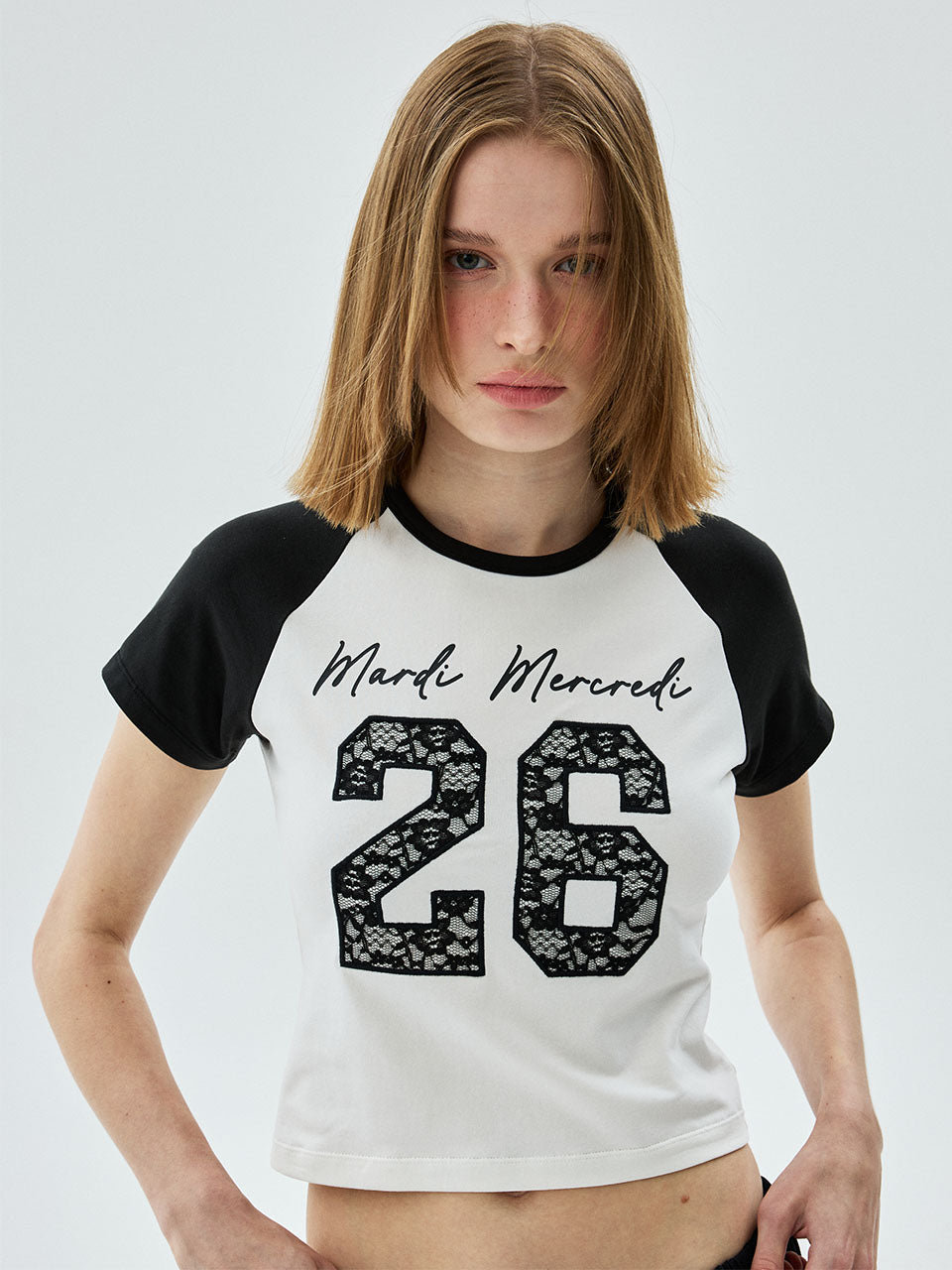 MARDI CROPPED TSHIRT RAGLAN NO.26 LACE_IVORY BLACK