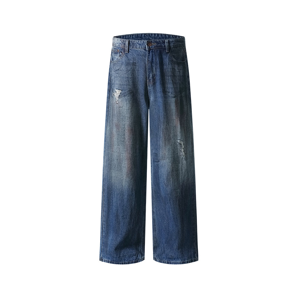Washed denim straight pants