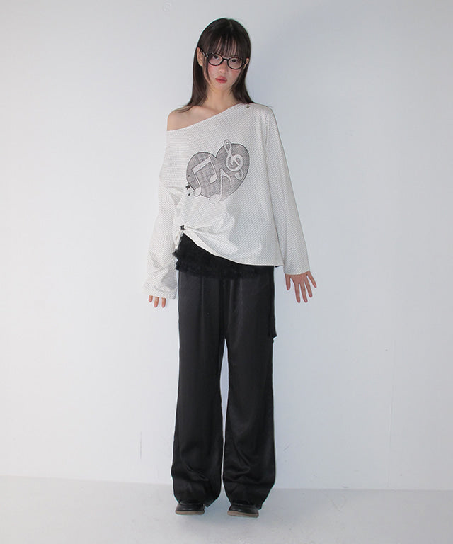 RONRON HEART MELODY OFF SHOULDER LONG SLEEVE WHITE DOT