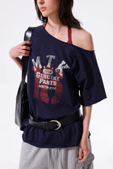 MATIN KIM MTK 16 GRAFFITI LOGO ASYMMETRIC TOP IN NAVY