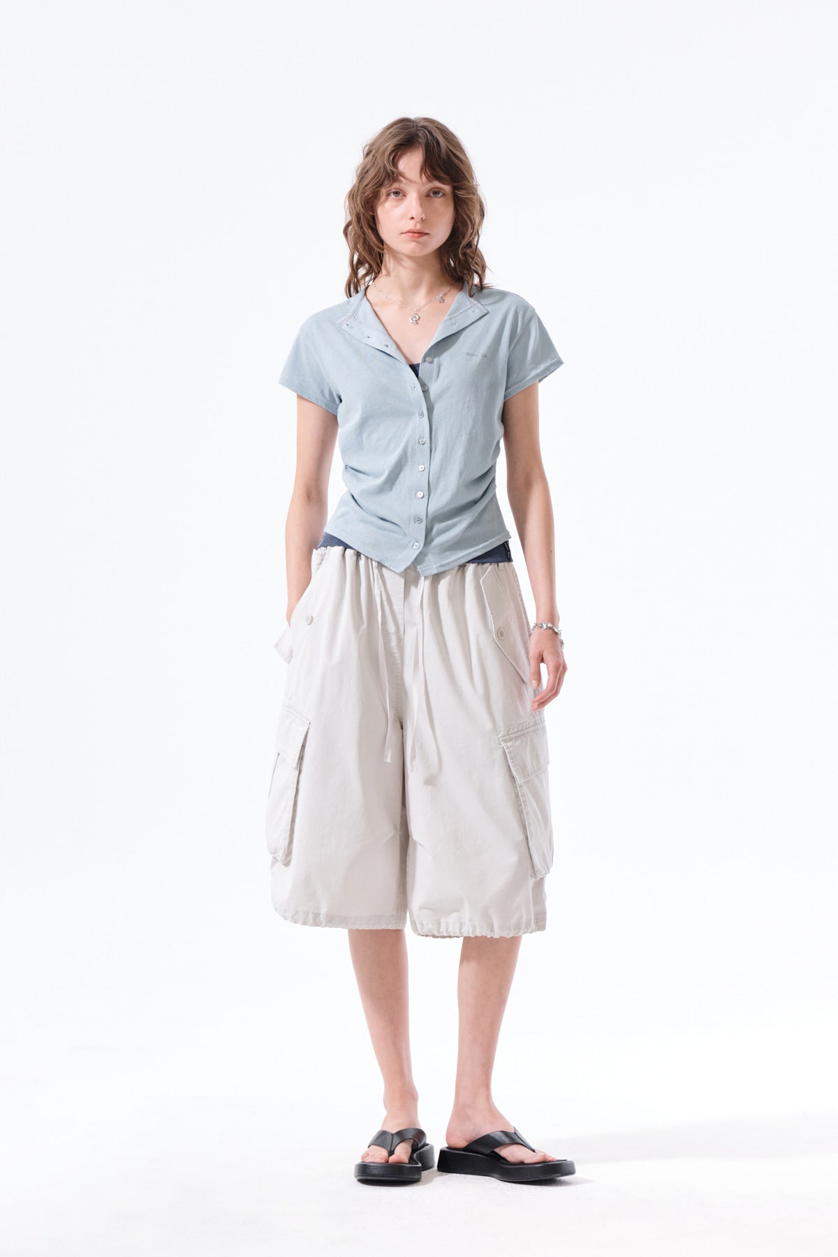 MATIN KIM SIDE SHIRRING BUTTON TOP IN LIGHT BLUE