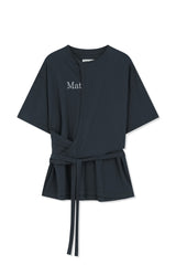 MATIN KIM TIE DETAIL DRAPED LOGO TOP IN CHARCOAL
