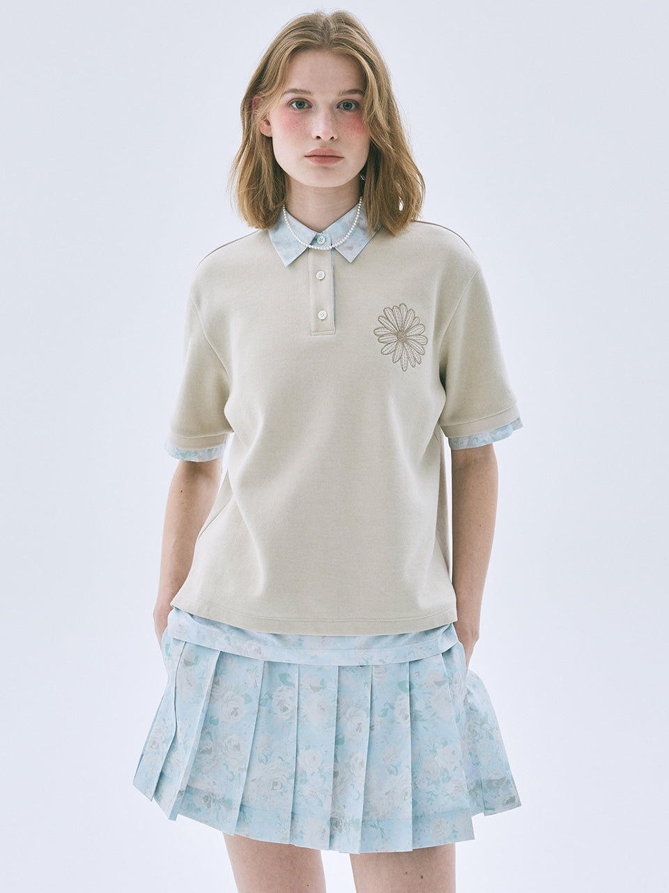 MARDI ACTIF LAYERED PIQUET TSHIRT FLOWER NEEDLEWORK_LIGHT BEIGE BEIGE