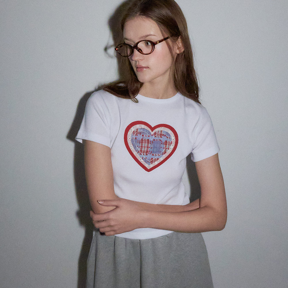 RONRON SHAPE APPLIQUE SLIM CROP T SHIRTS HEART WHITE