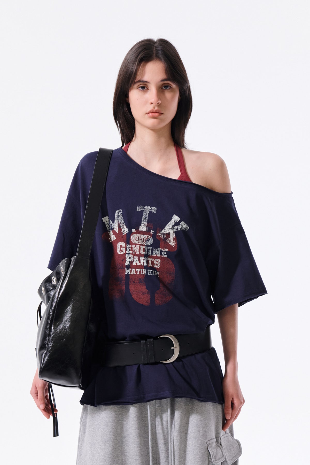 MATIN KIM MTK 16 GRAFFITI LOGO ASYMMETRIC TOP IN NAVY