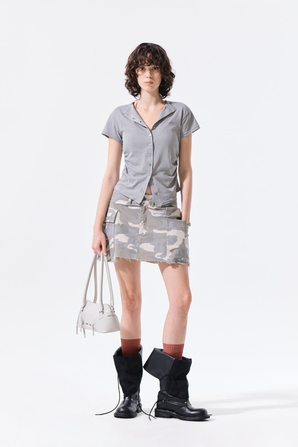 MATIN KIM SIDE SHIRRING BUTTON TOP IN GREY