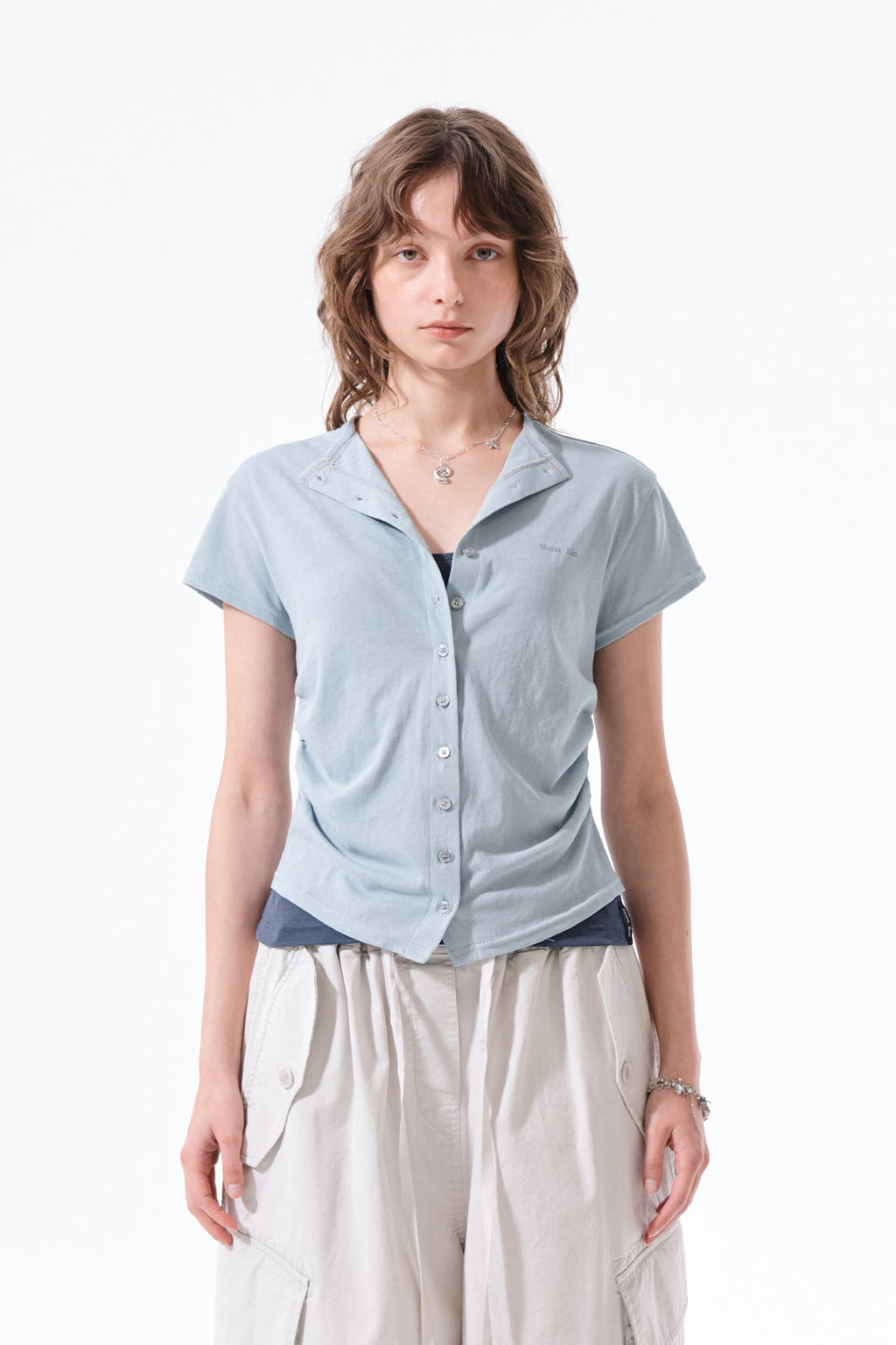 MATIN KIM SIDE SHIRRING BUTTON TOP IN LIGHT BLUE