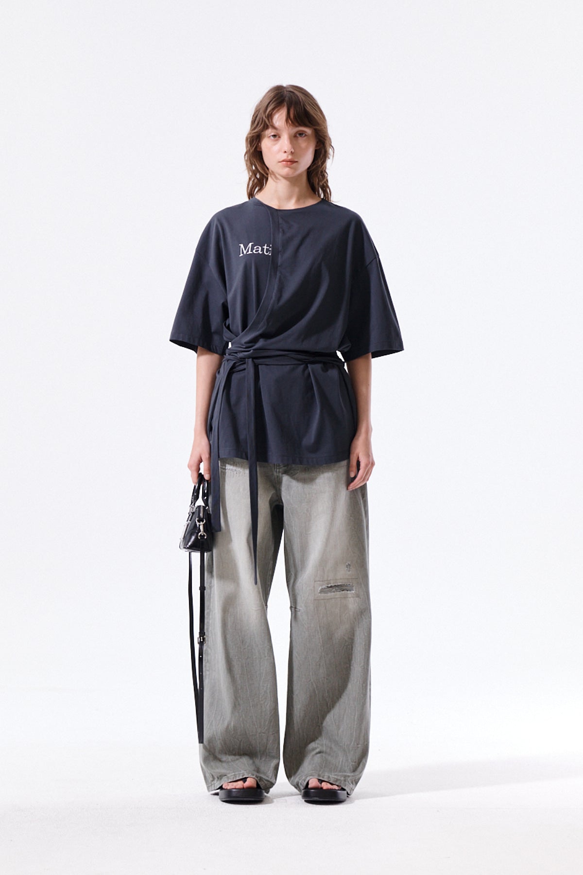 MATIN KIM TIE DETAIL DRAPED LOGO TOP IN CHARCOAL