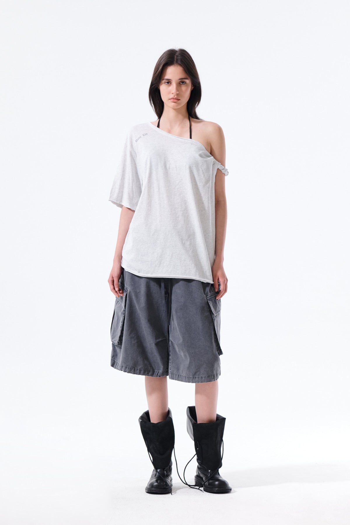 MATIN KIM ASYMMETRIC OFF SHOULDER TOP IN LIGHT GREY