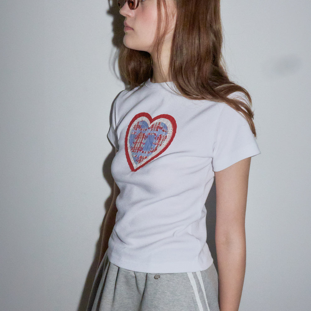 RONRON SHAPE APPLIQUE SLIM CROP T SHIRTS HEART WHITE