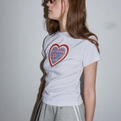 RONRON SHAPE APPLIQUE SLIM CROP T SHIRTS HEART WHITE