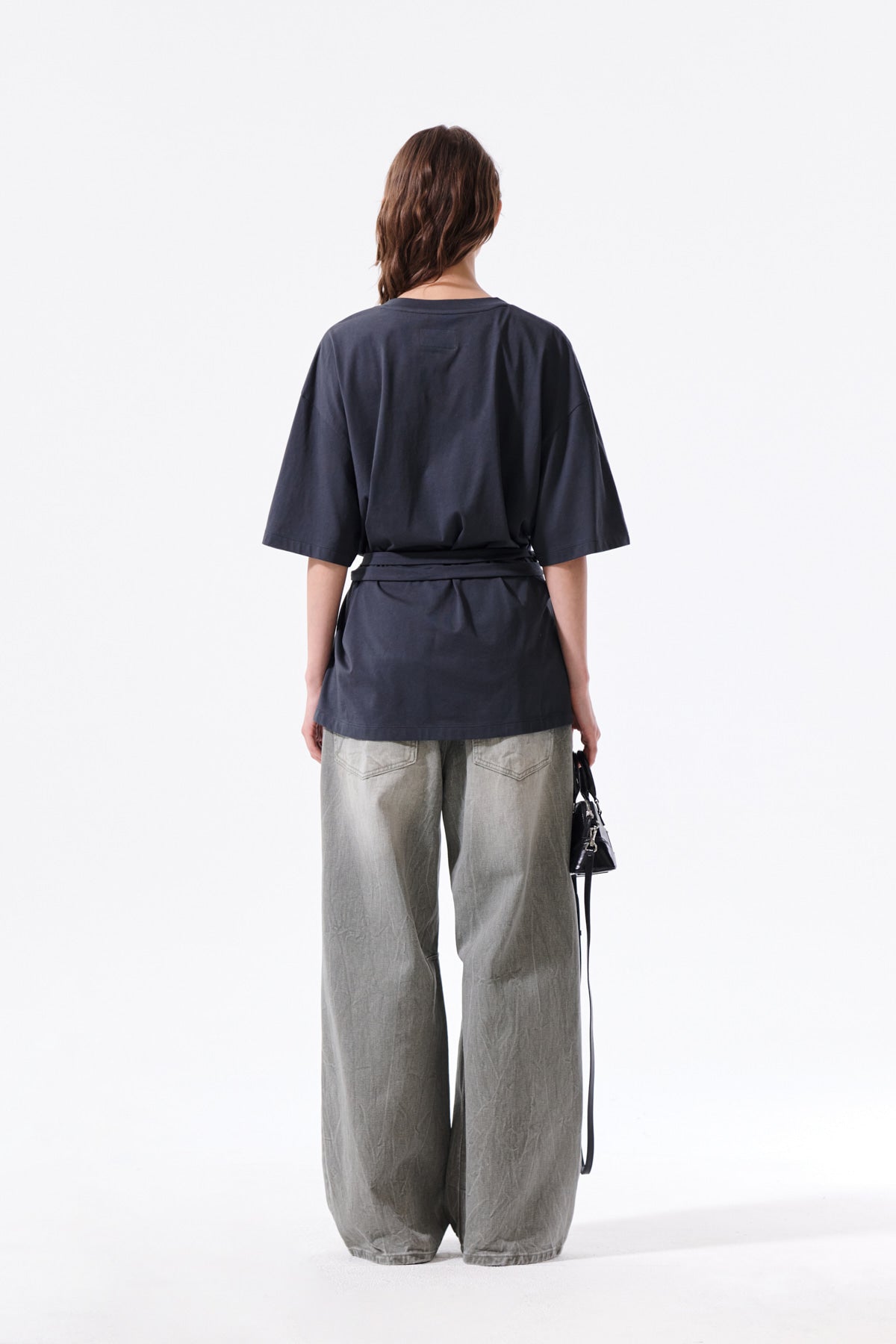 MATIN KIM TIE DETAIL DRAPED LOGO TOP IN CHARCOAL