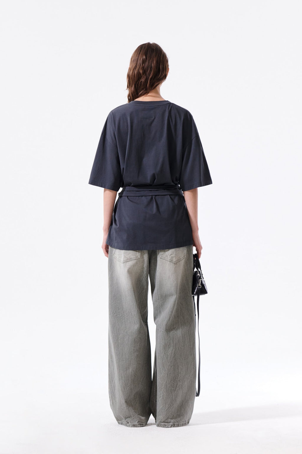 MATIN KIM TIE DETAIL DRAPED LOGO TOP IN CHARCOAL