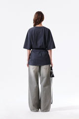 MATIN KIM TIE DETAIL DRAPED LOGO TOP IN CHARCOAL