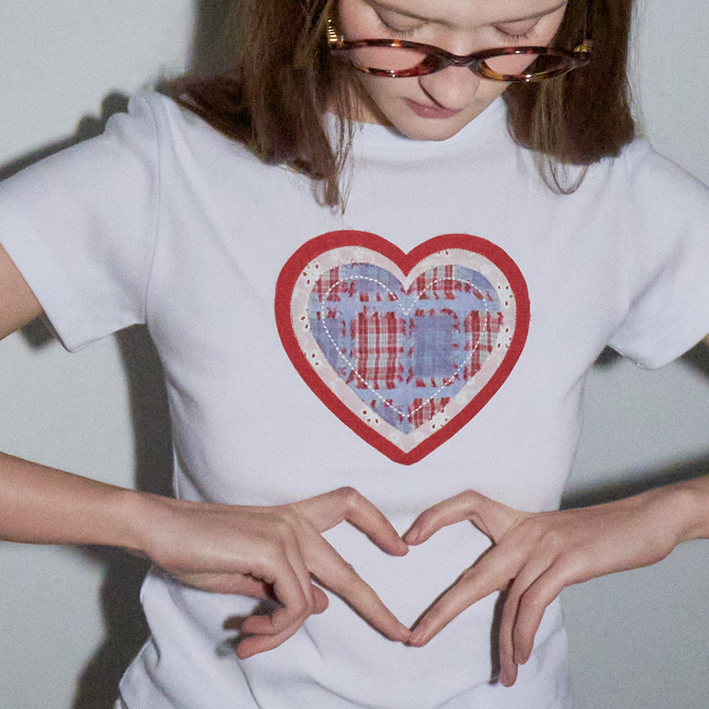 RONRON SHAPE APPLIQUE SLIM CROP T SHIRTS HEART WHITE