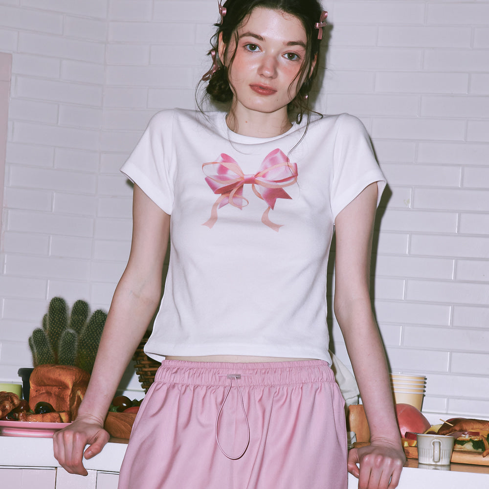 RONRON DOUBLE RIBBON SLIM CROP T SHIRT WHITE PINK