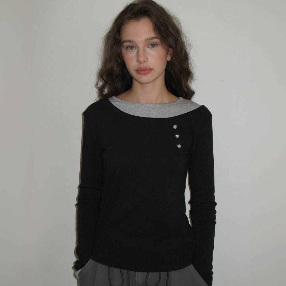 RONRON UNBALANCE HEART BUTTON LAYERED T SHIRT BLACK
