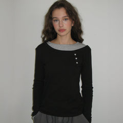 RONRON UNBALANCE HEART BUTTON LAYERED T SHIRT BLACK