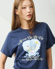 ADLV WOMAN HEART PEARL SHORT SLEEVE T-SHIRT NAVY