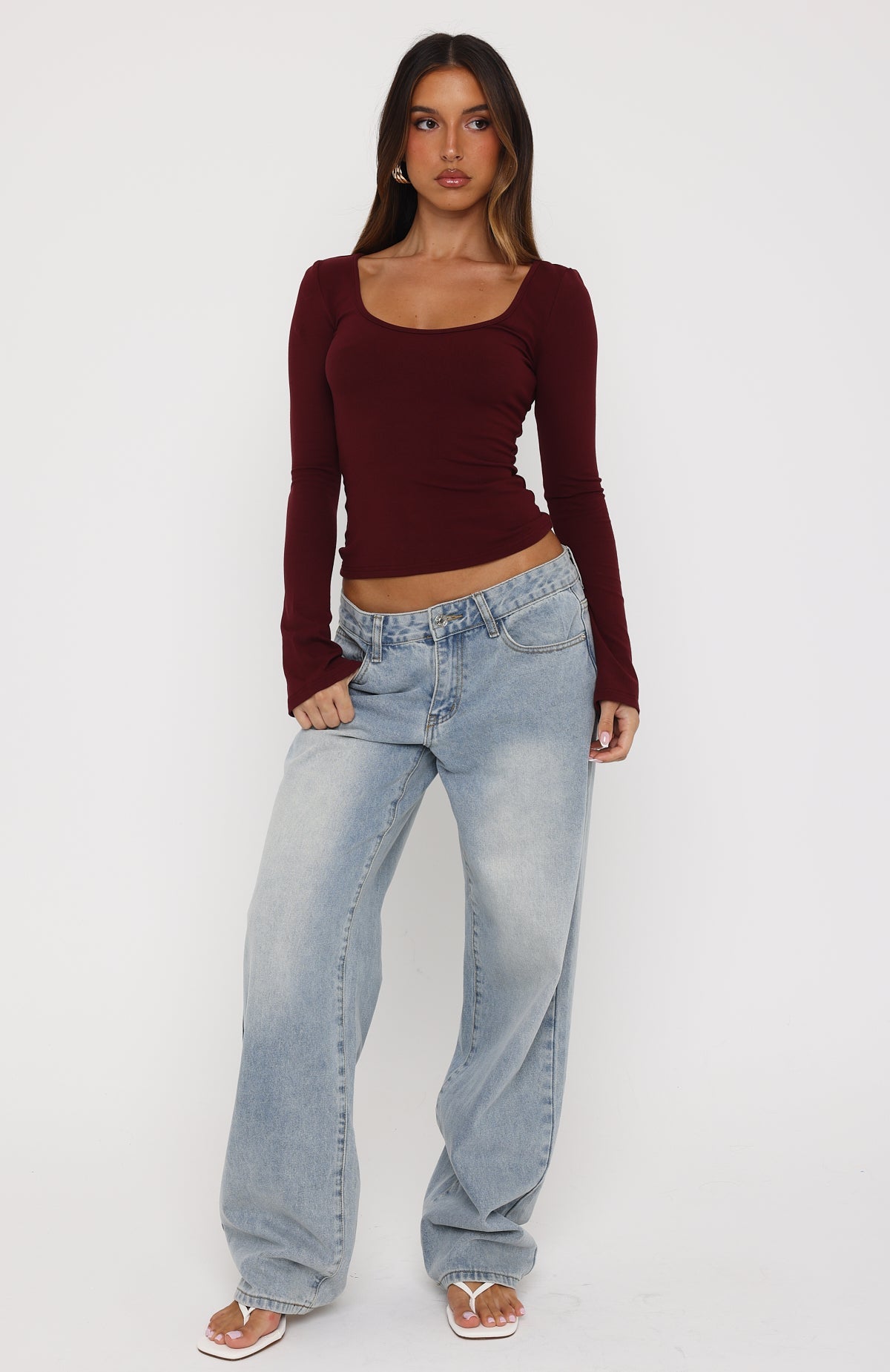 Model Off Duty Long Sleeve Top Burgundy