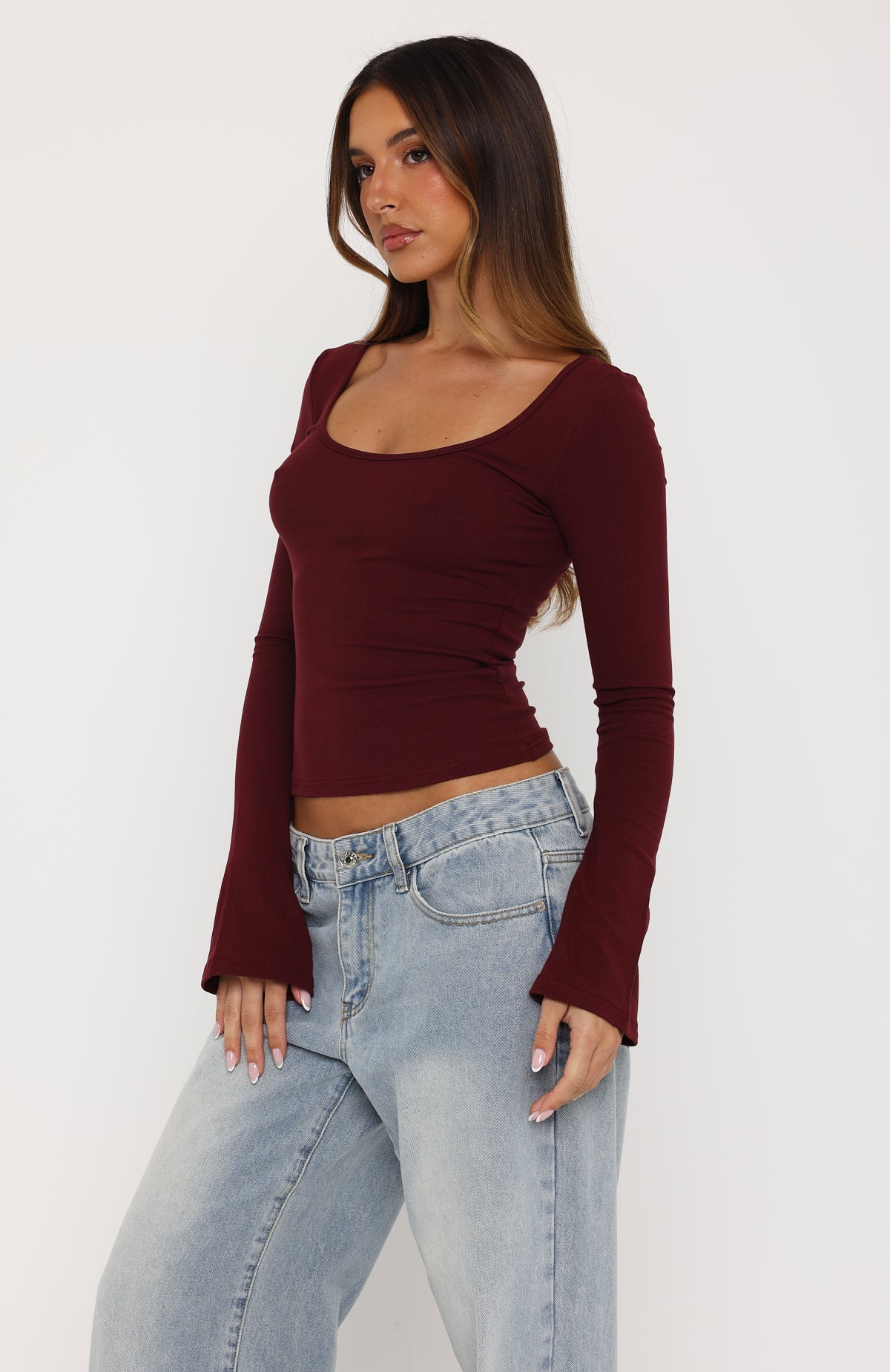 Model Off Duty Long Sleeve Top Burgundy
