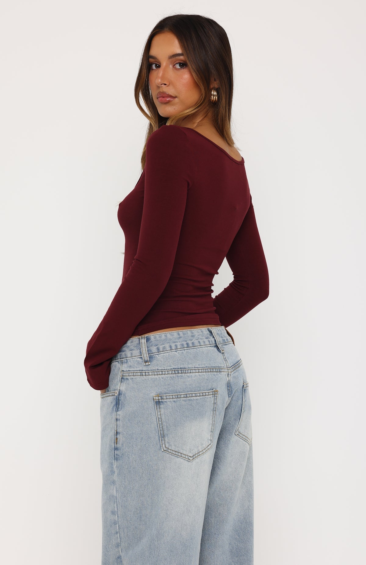 Model Off Duty Long Sleeve Top Burgundy